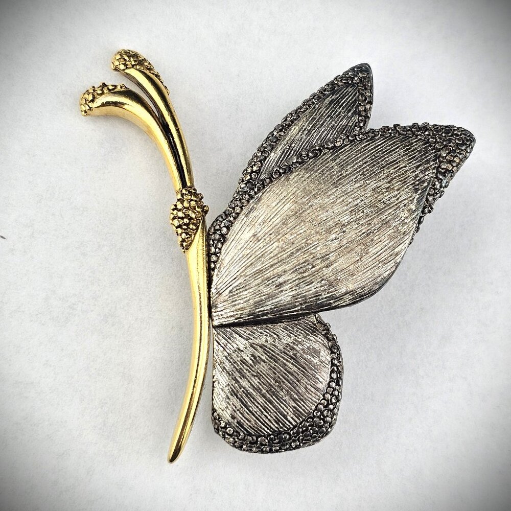 Vintage Liz Claiborne Brushed Oxidized Silver Gold Tone Butterfly Pin 1.75"